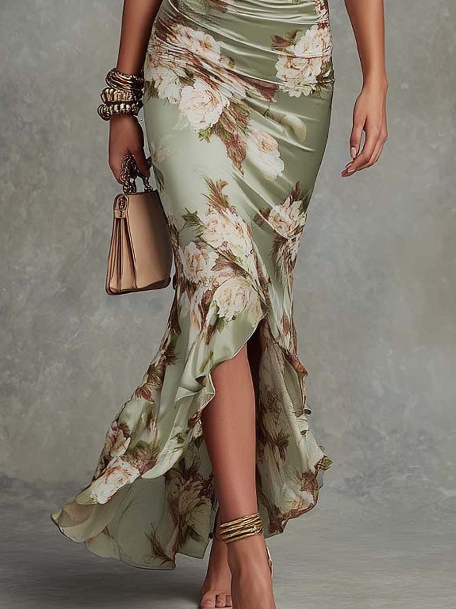 Julieta Vestido largo de satén con estampado floral