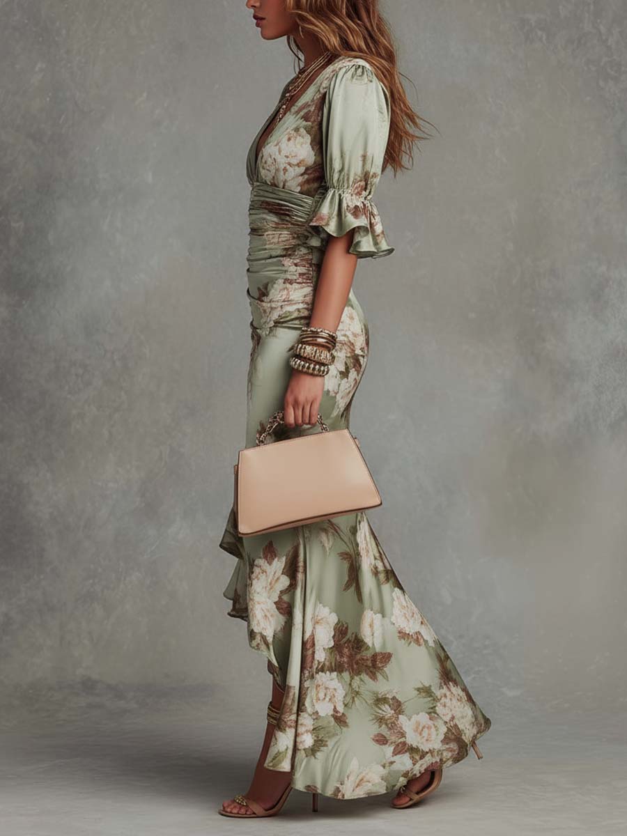 Julieta Vestido largo de satén con estampado floral