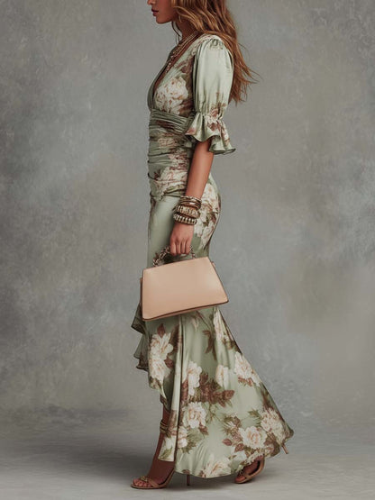 Julieta Vestido largo de satén con estampado floral