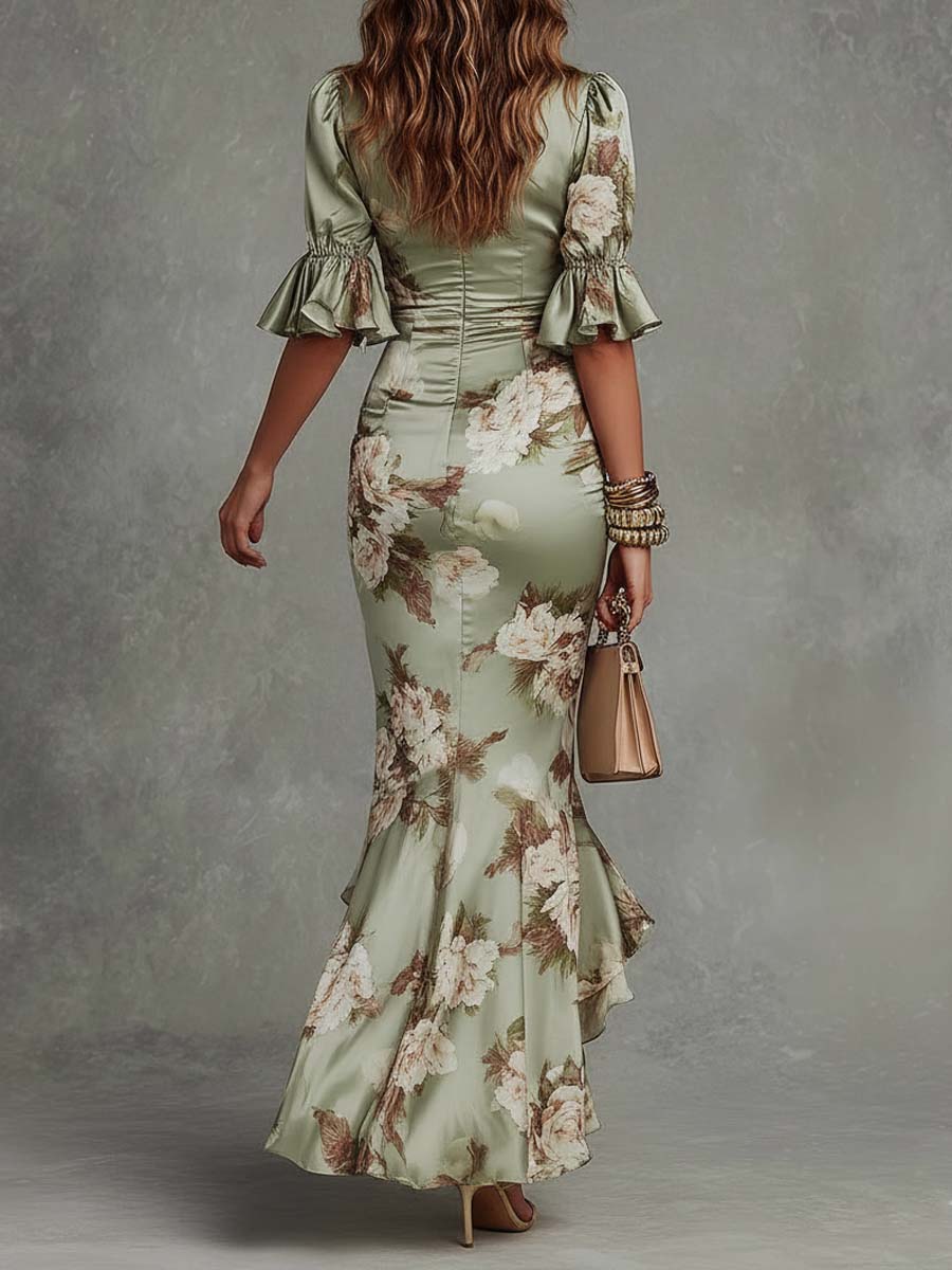 Julieta Vestido largo de satén con estampado floral